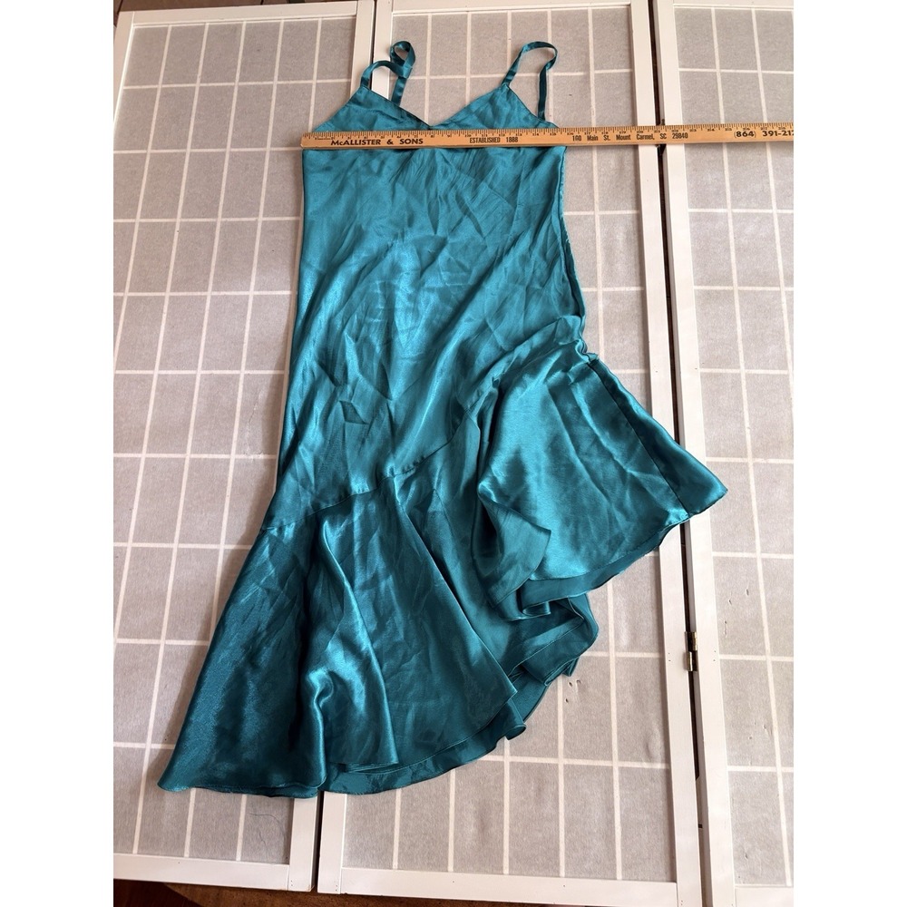 VTG 90s Victoria's Secret Emerald Satin Slip Midi Dress Sz M Fairy Asymmetrical - Picture 4 of 7